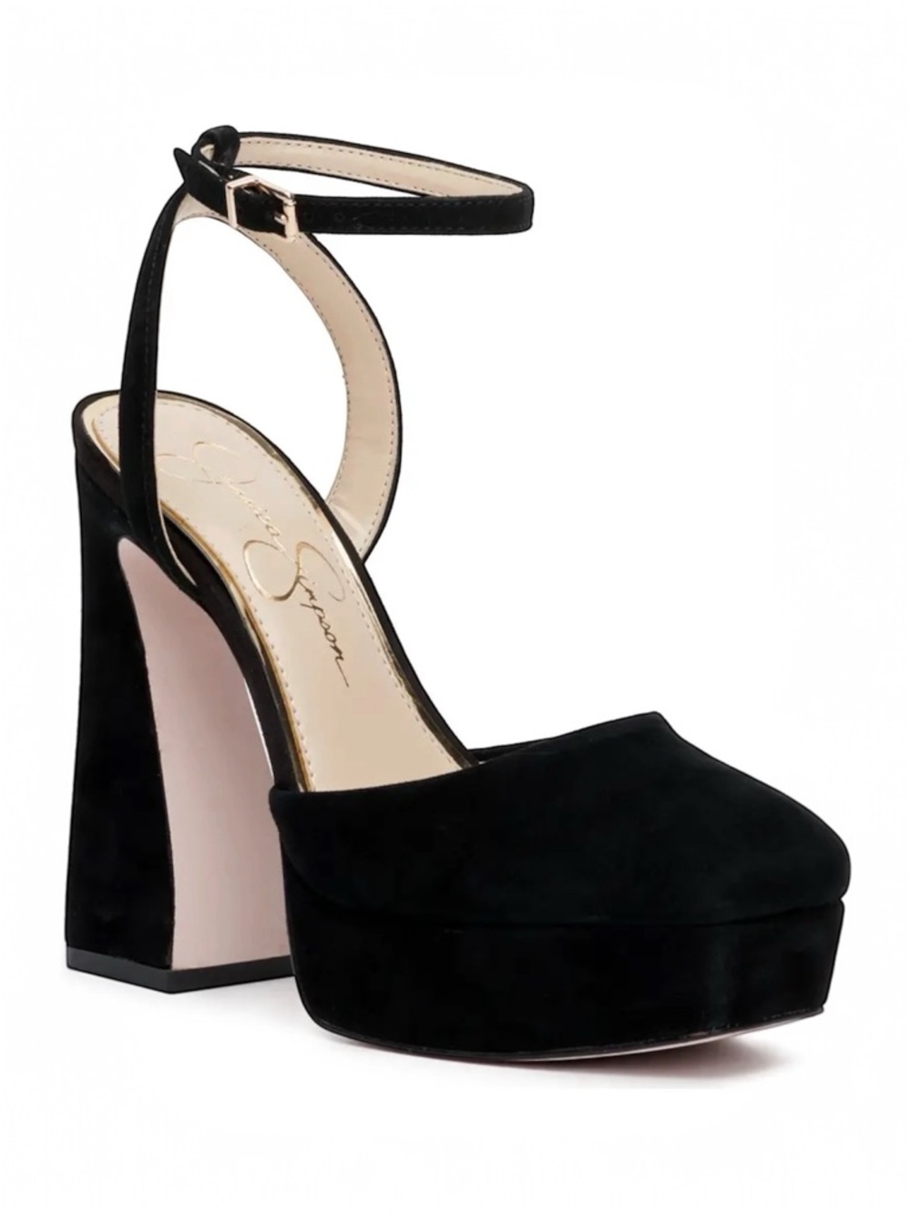 Jessica Simpson Black Suede Platform Block Heels with Ankle Strap Size 8.5